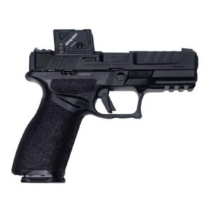 Black handgun with red dot sight