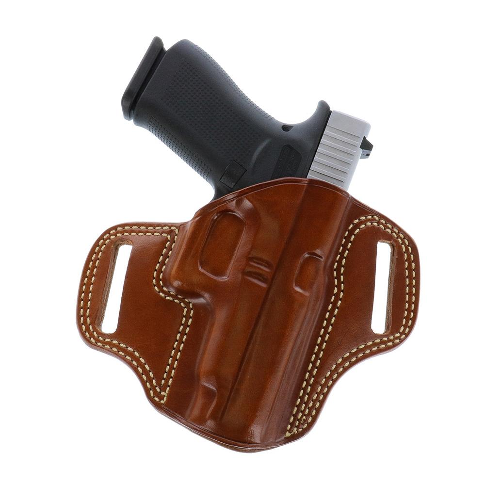Handgun in brown leather holster