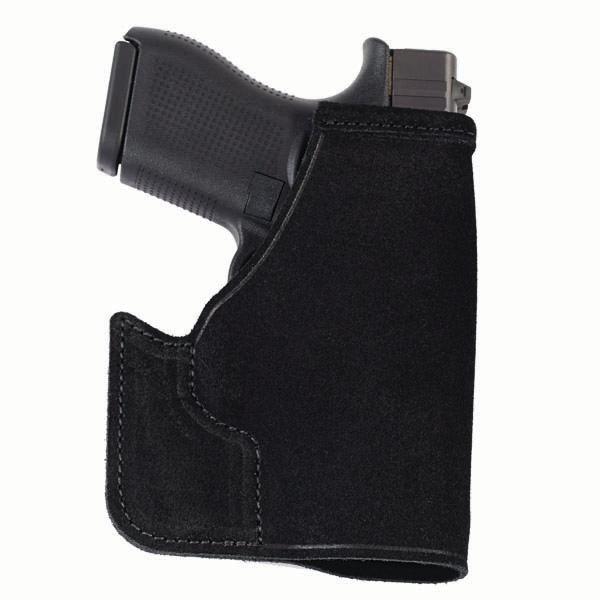 Black holster with hand gun inside.