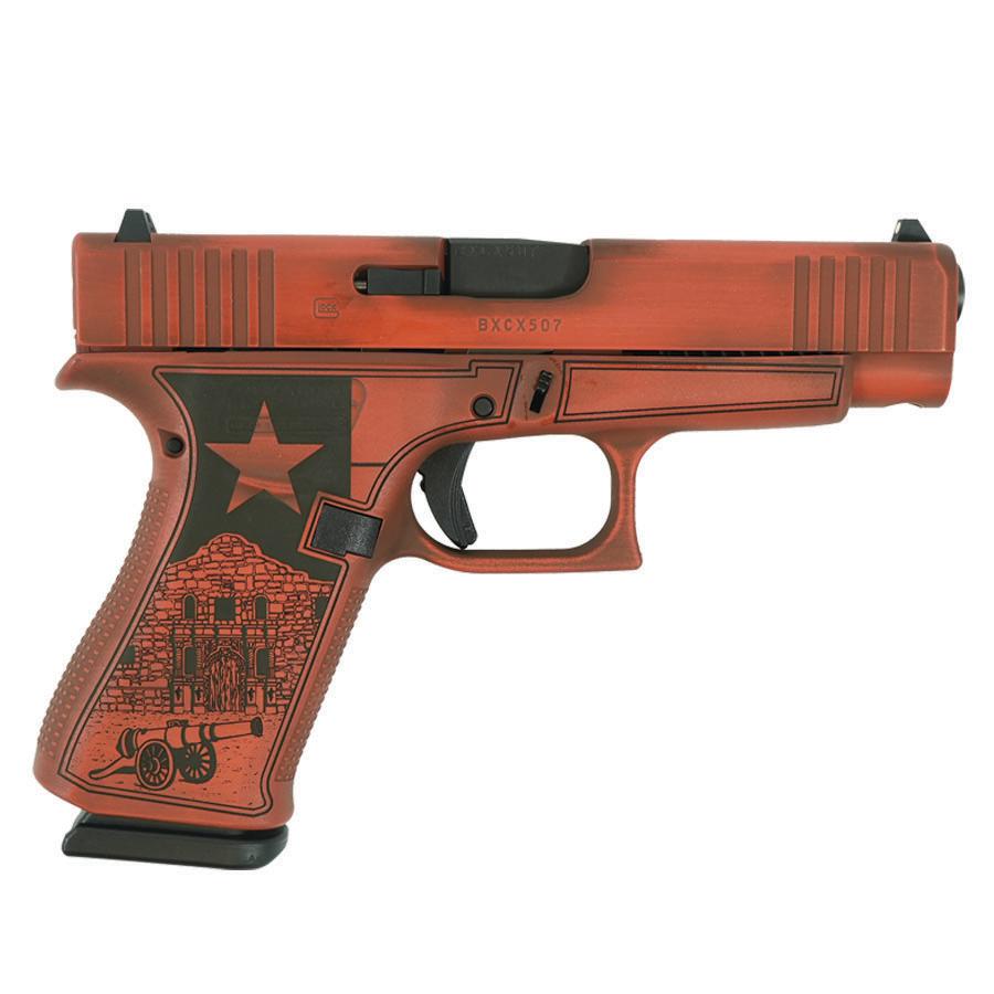 Red decorative handgun with unique design elements.