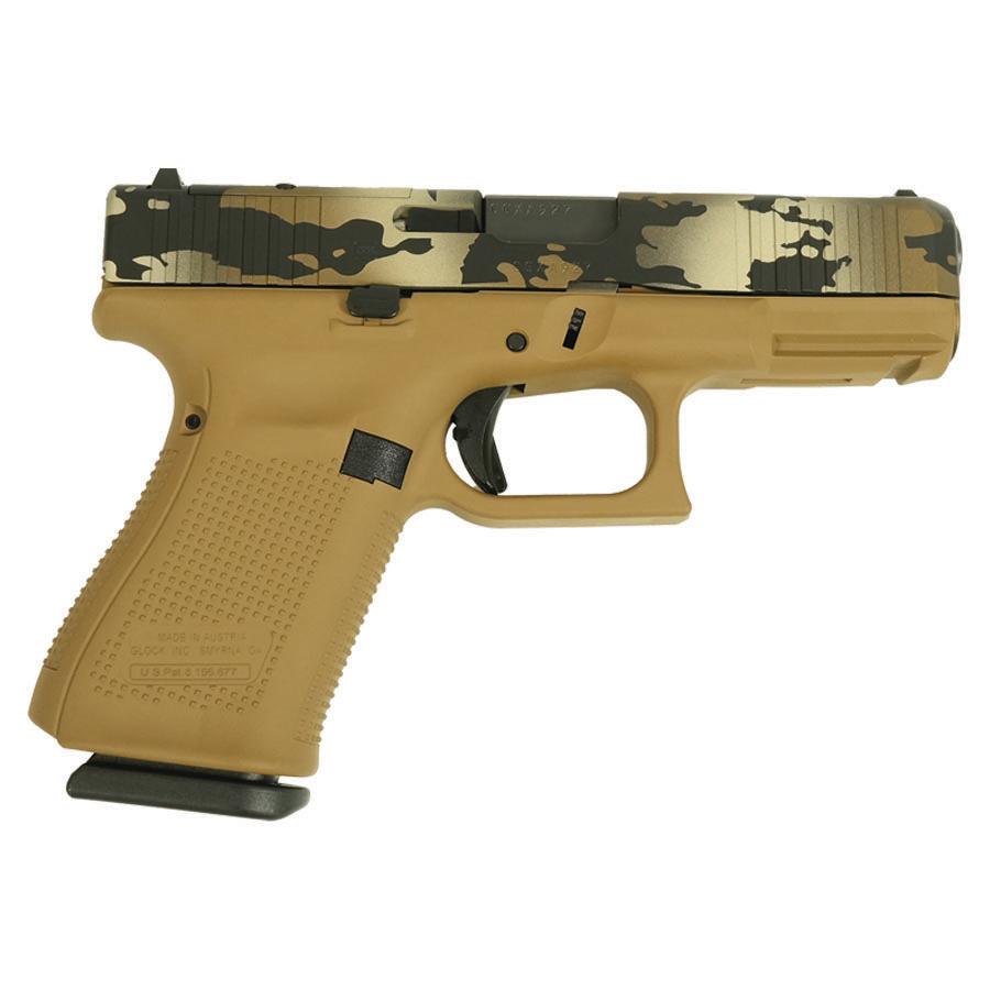 Tan and camouflaged Glock handgun on white background