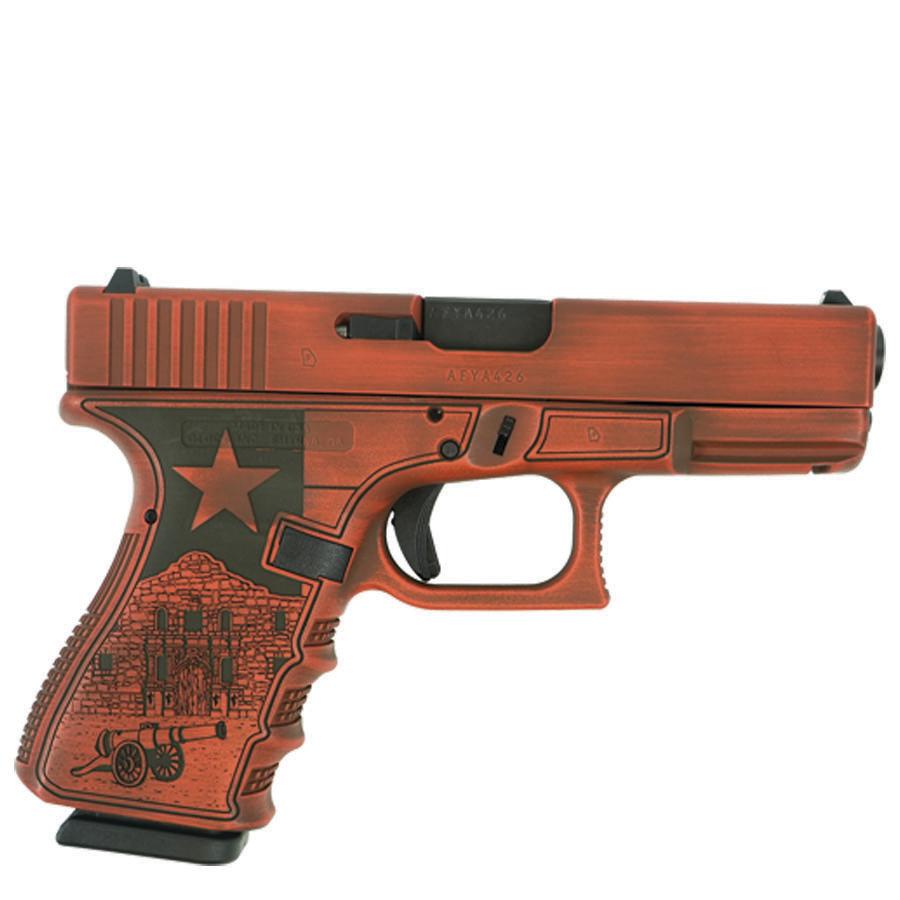 Artistic depiction of a red handgun.