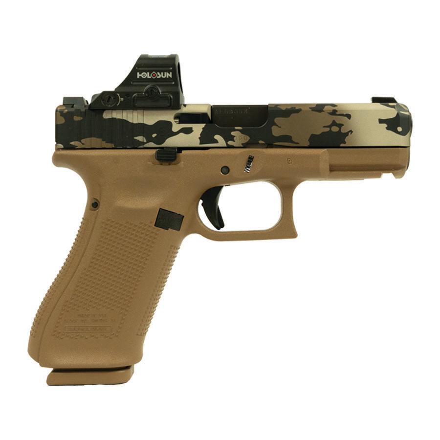 Tactical handgun with camo pattern and optic sight.