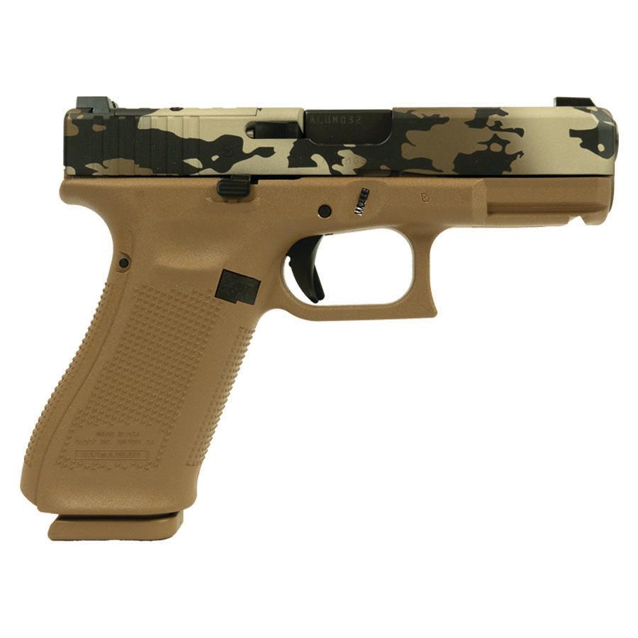 Tan camouflaged handgun on white background.