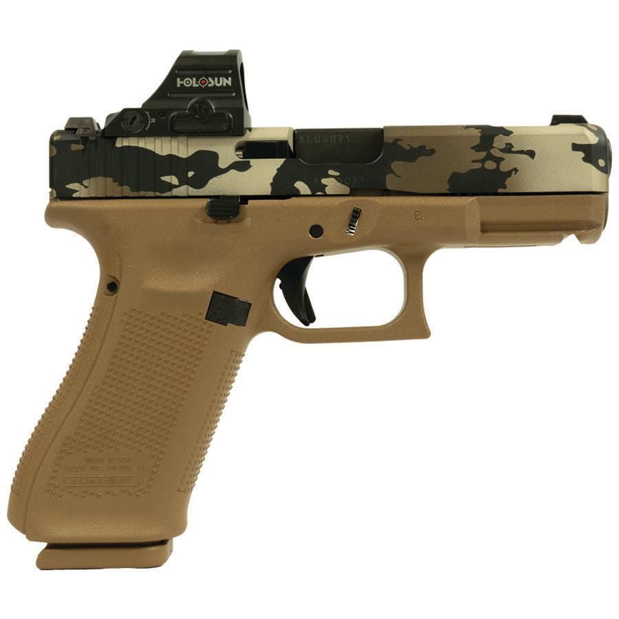 Tan camouflaged handgun with reflex sight