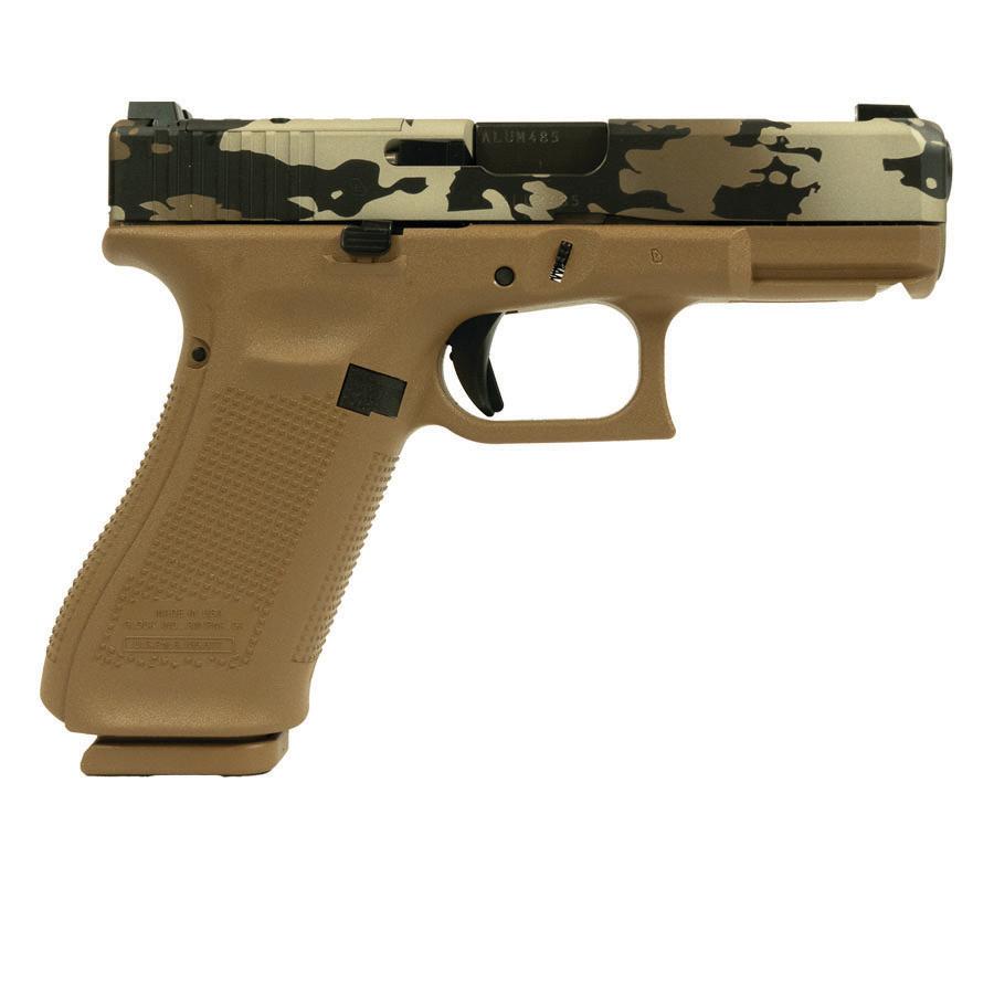 Tan camouflaged handgun on a white background.