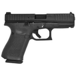 Black semi-automatic handgun on a white background