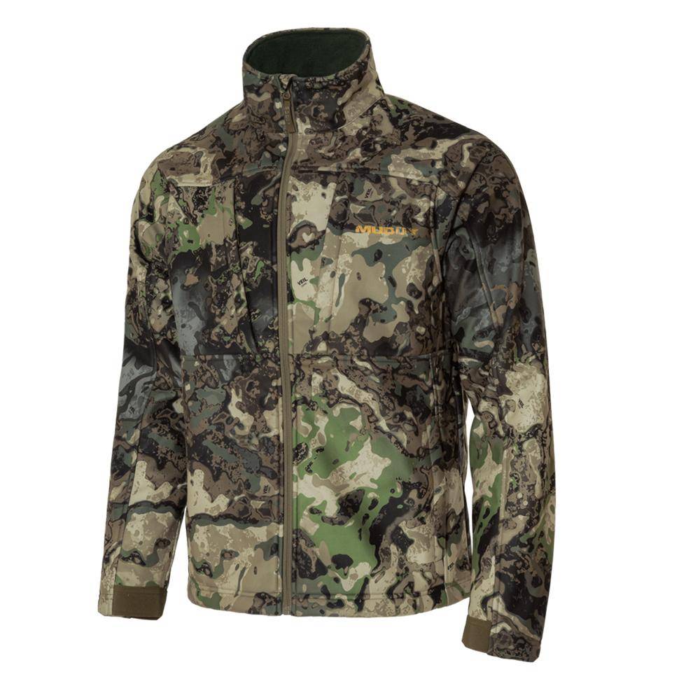Camo jacket in various green and brown patterns.