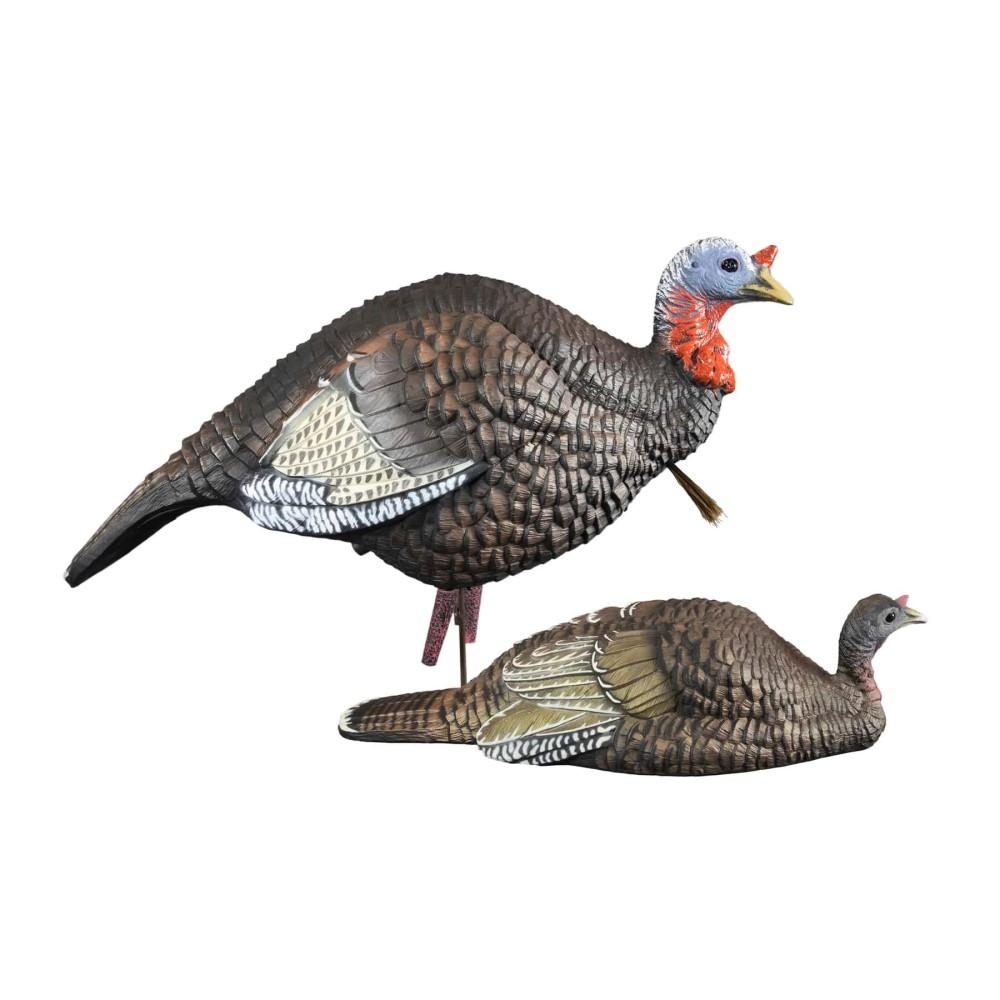 Two realistic turkey decoys for hunting.