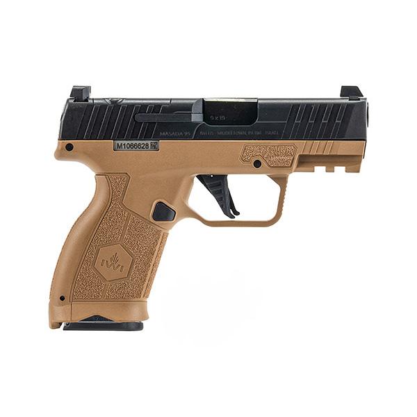 Brown semi-automatic handgun with black accents.