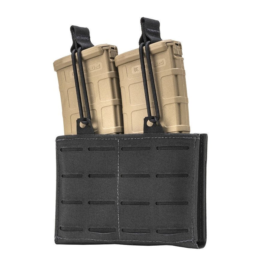Black pouch holding two tan magazine carriers.