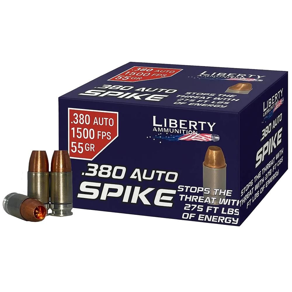 .380 Auto Spike ammunition box with bullets.