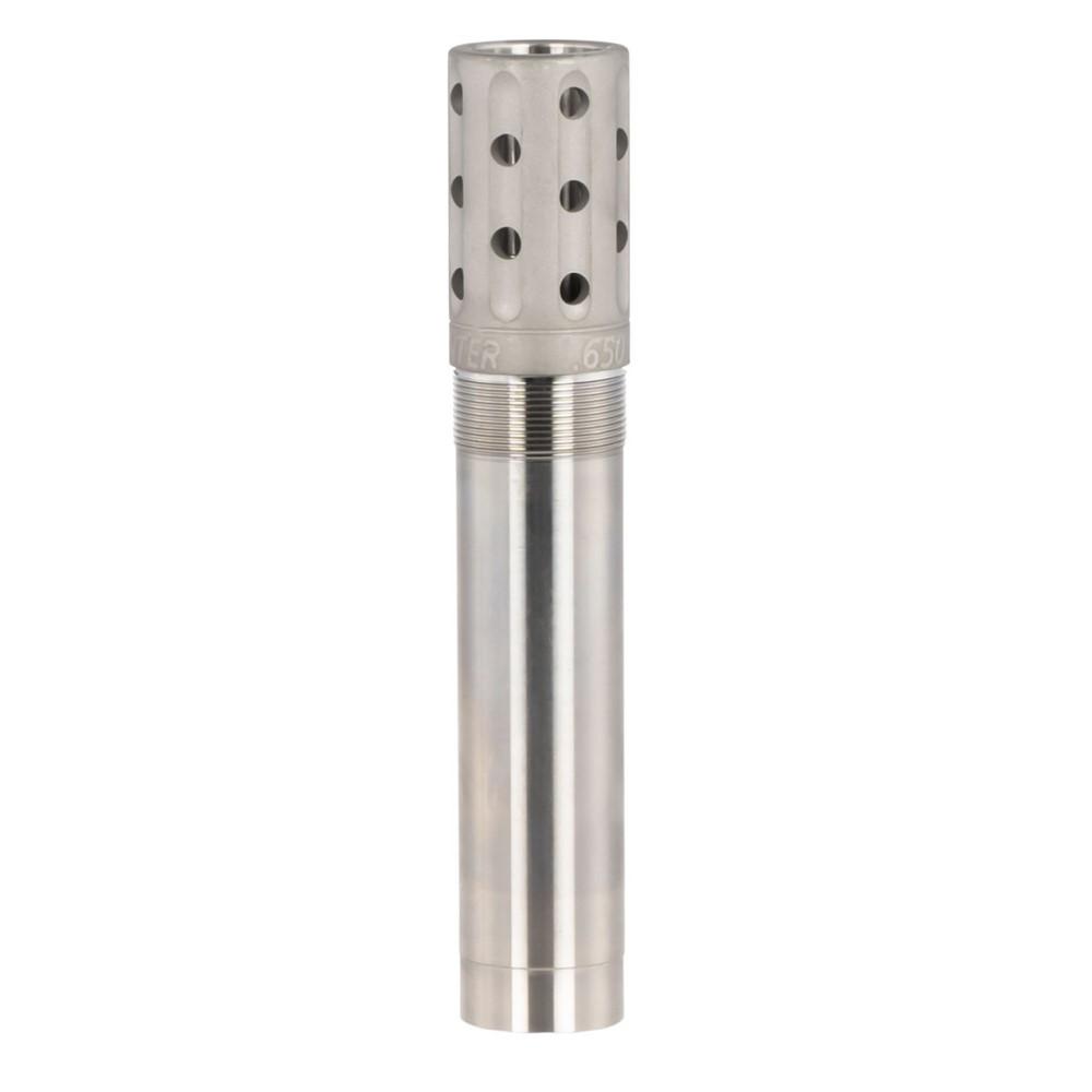 Stainless steel muzzle brake with perforated design.