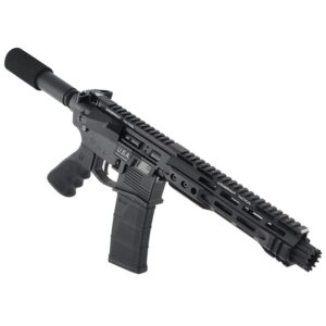 Black tactical firearm with suppressor and accessories.