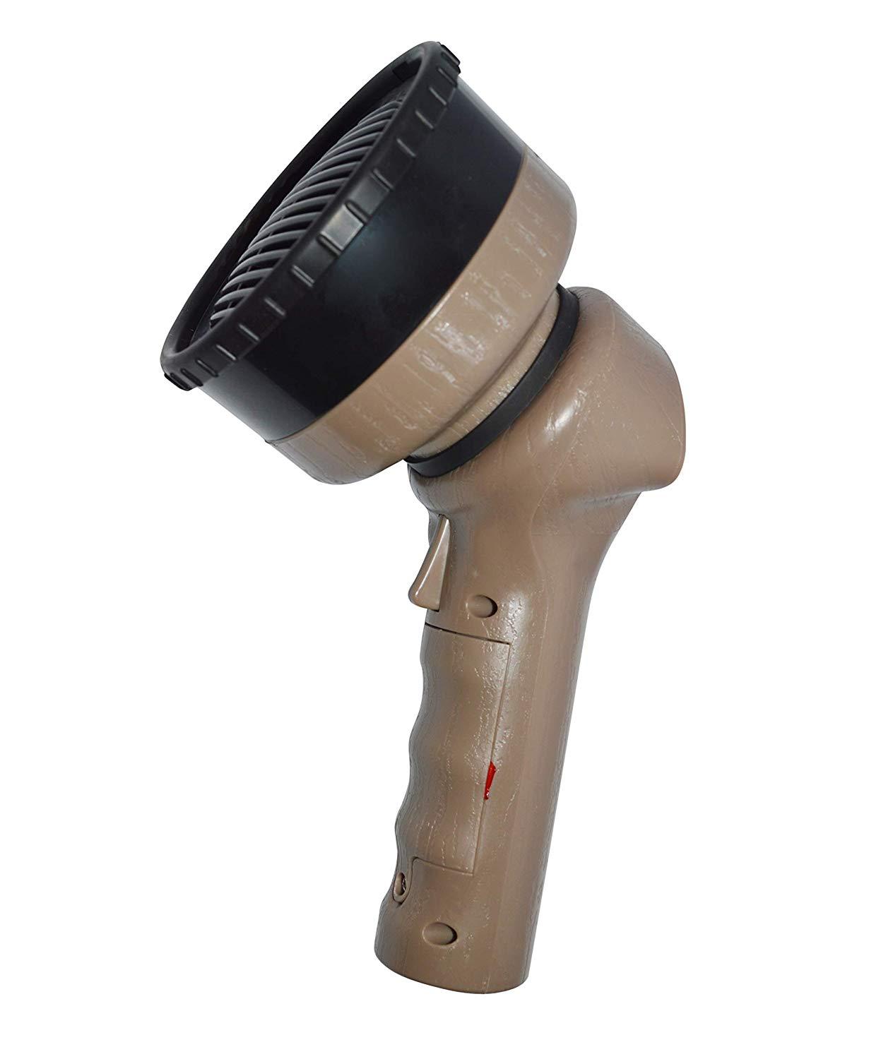 Handheld flashlight with a tan handle and black head.