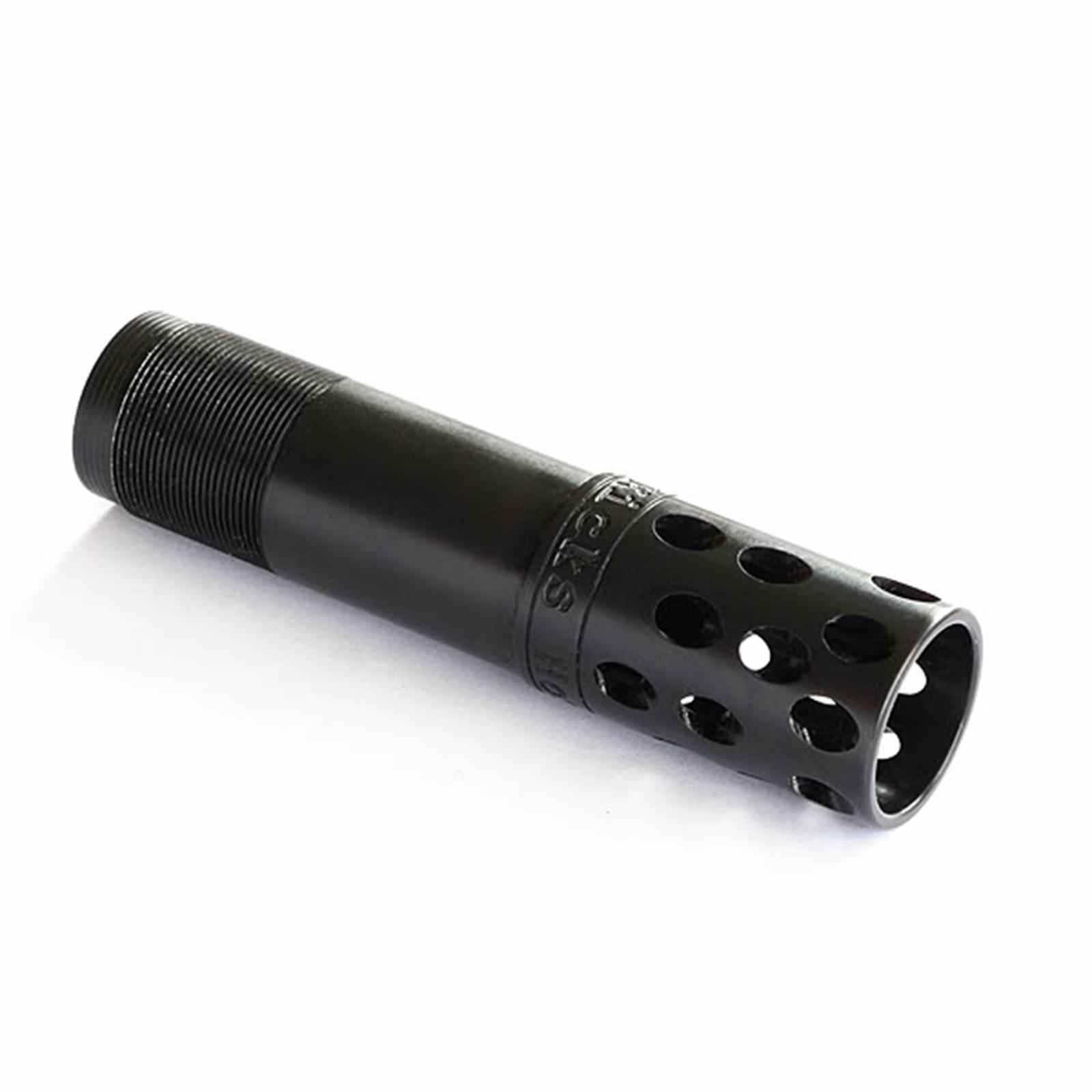 Black muzzle device for firearm with vent holes.