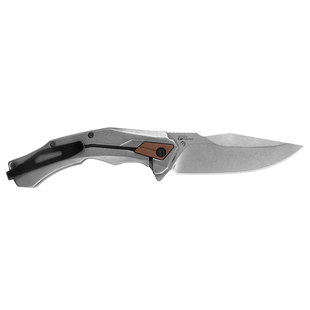 Stylish folding knife with metallic handle.