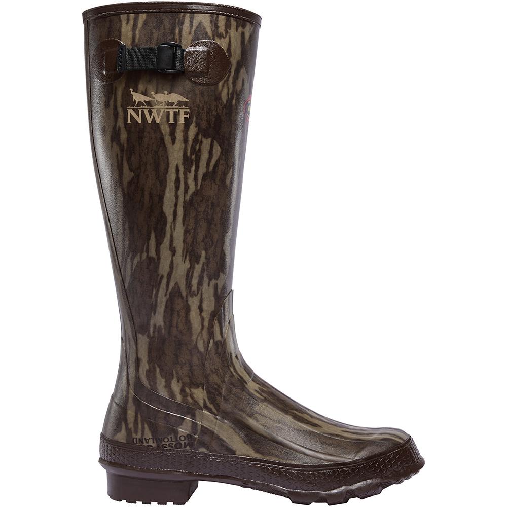 Camouflage rubber boot for outdoor activities.