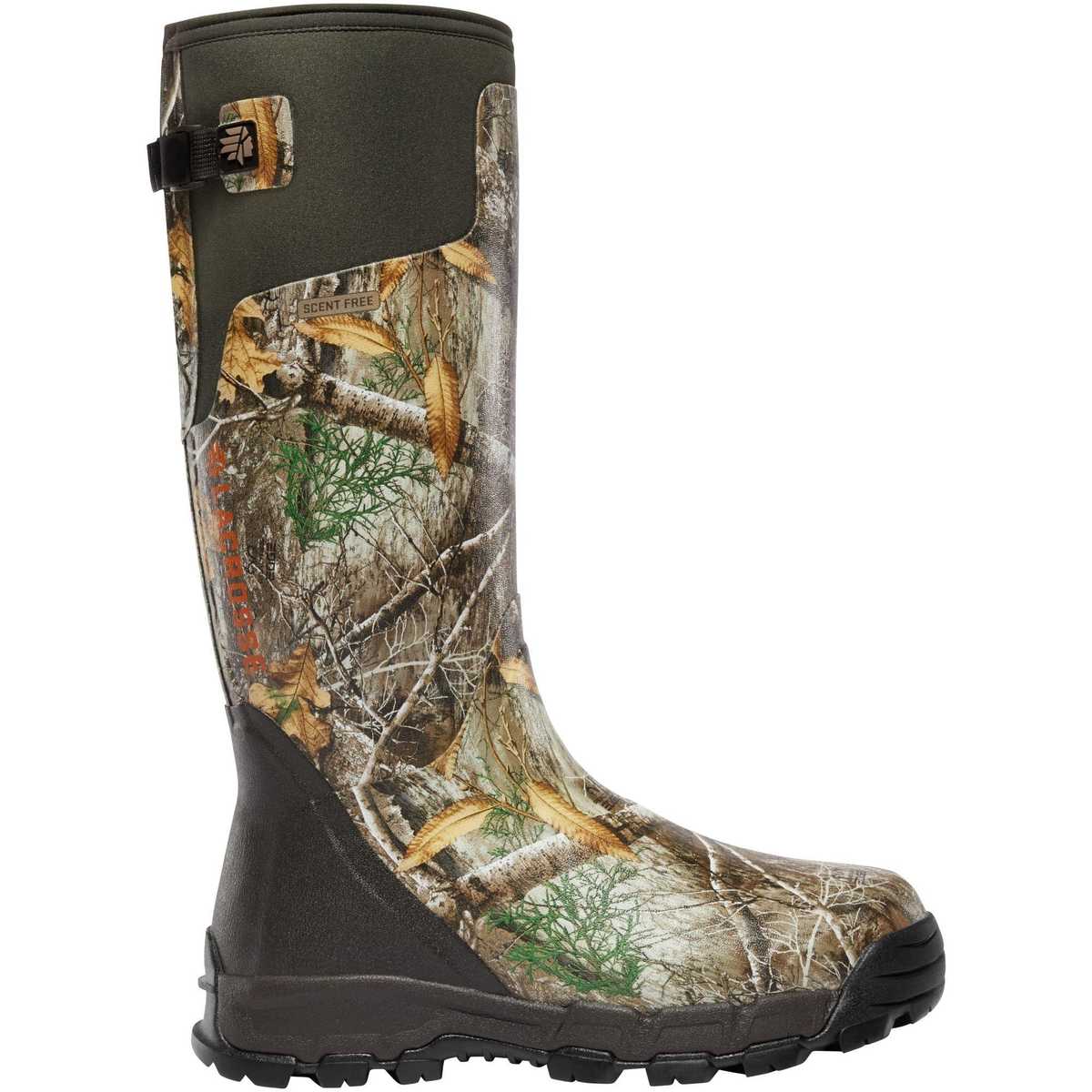Camo rubber hunting boot with durable sole.