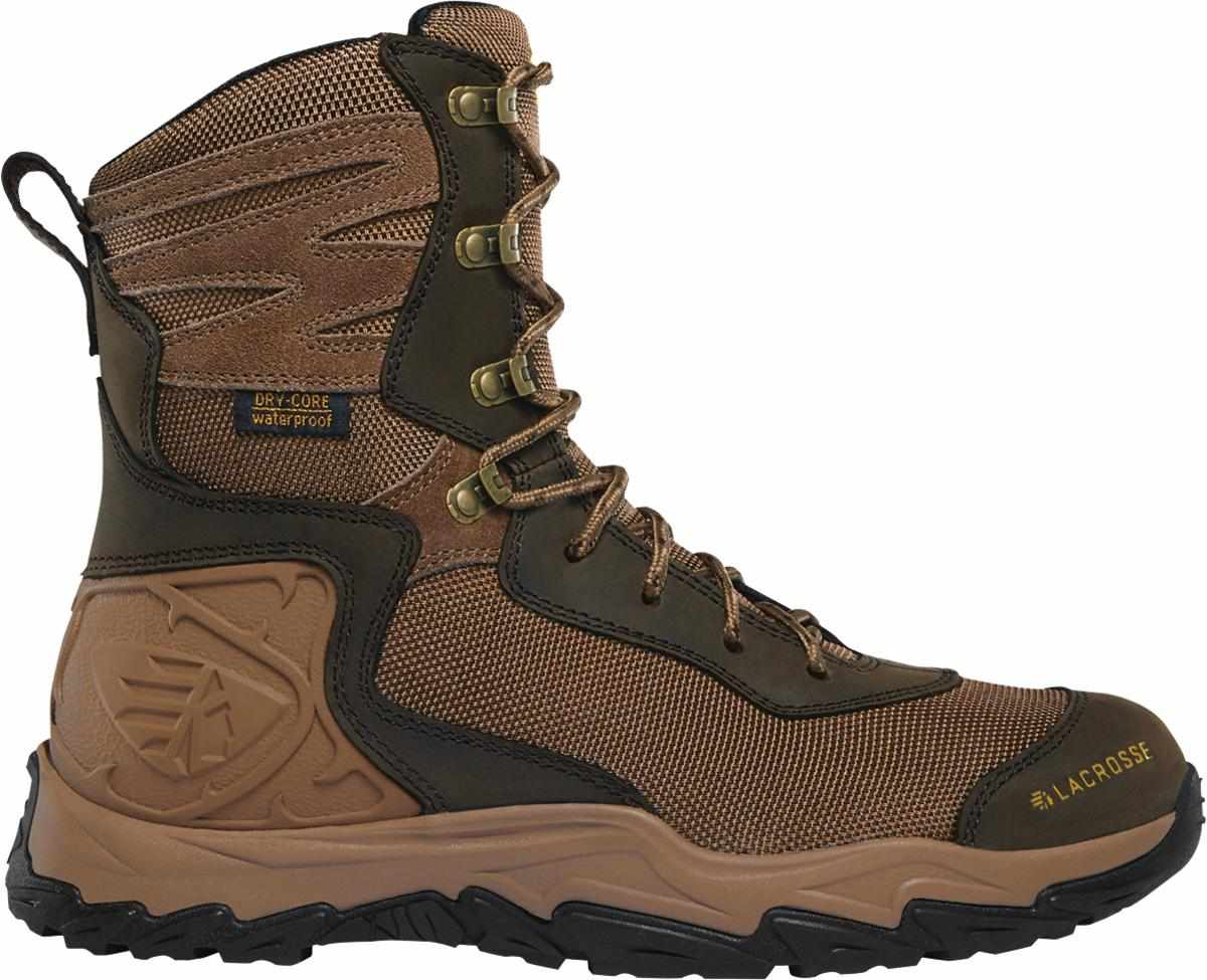 Waterproof brown hunting boot with sturdy design.