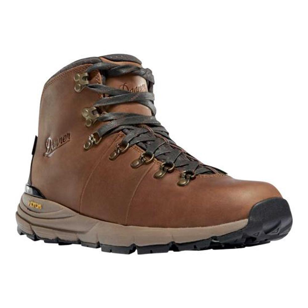 Brown hiking boot with laces and sturdy sole.