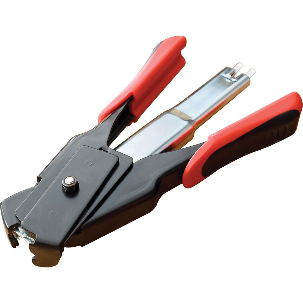 Heavy-duty staple gun with red handles.