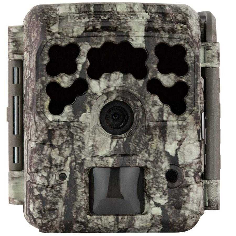 Camouflaged wildlife camera with sensor and lens.