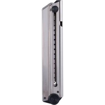 Metal ruler with measurements and adjustable feature.