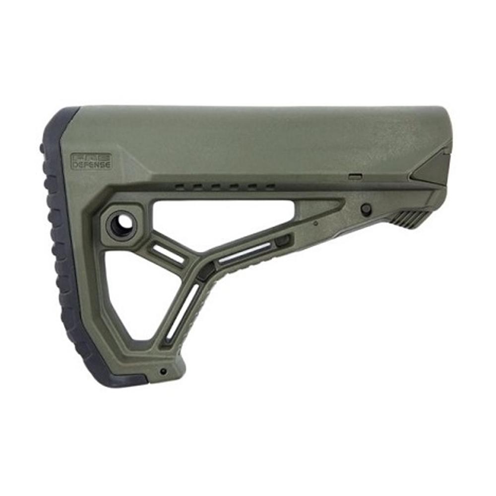 Olive green adjustable rifle stock accessory.