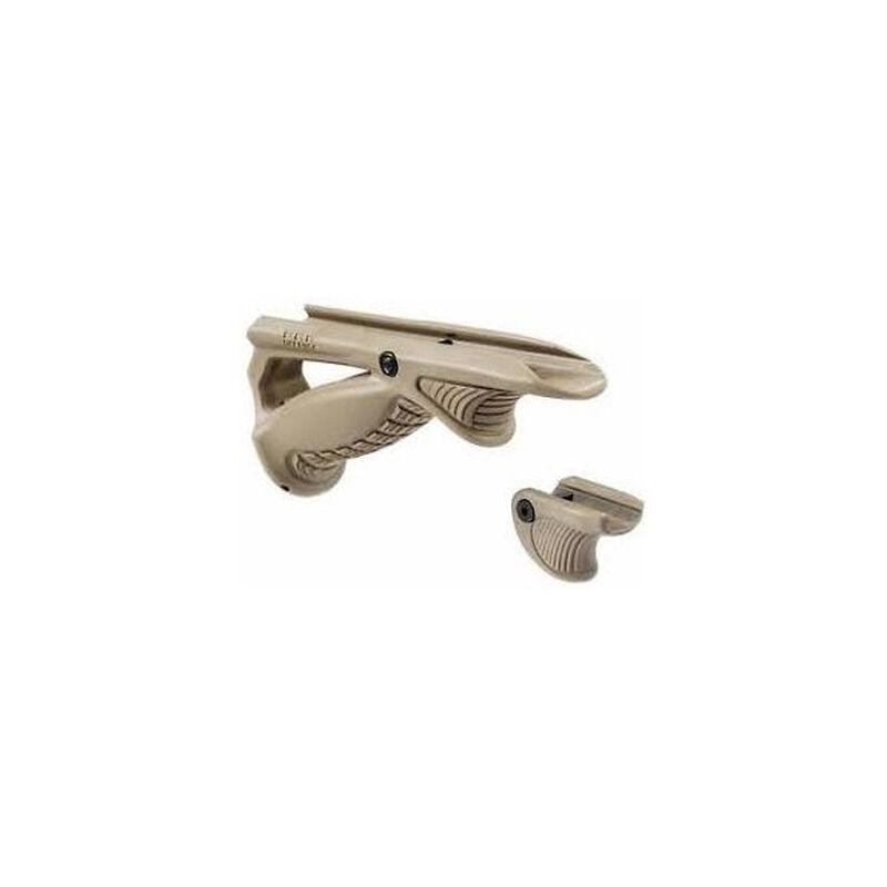 Tactical grip handle with accessory attachments in tan.