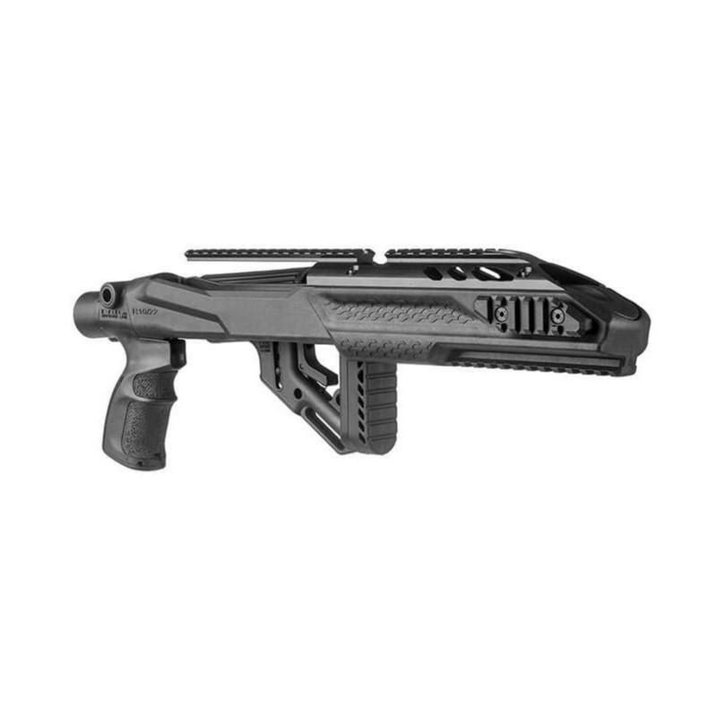 Black firearm stock with ergonomic grip and rails.