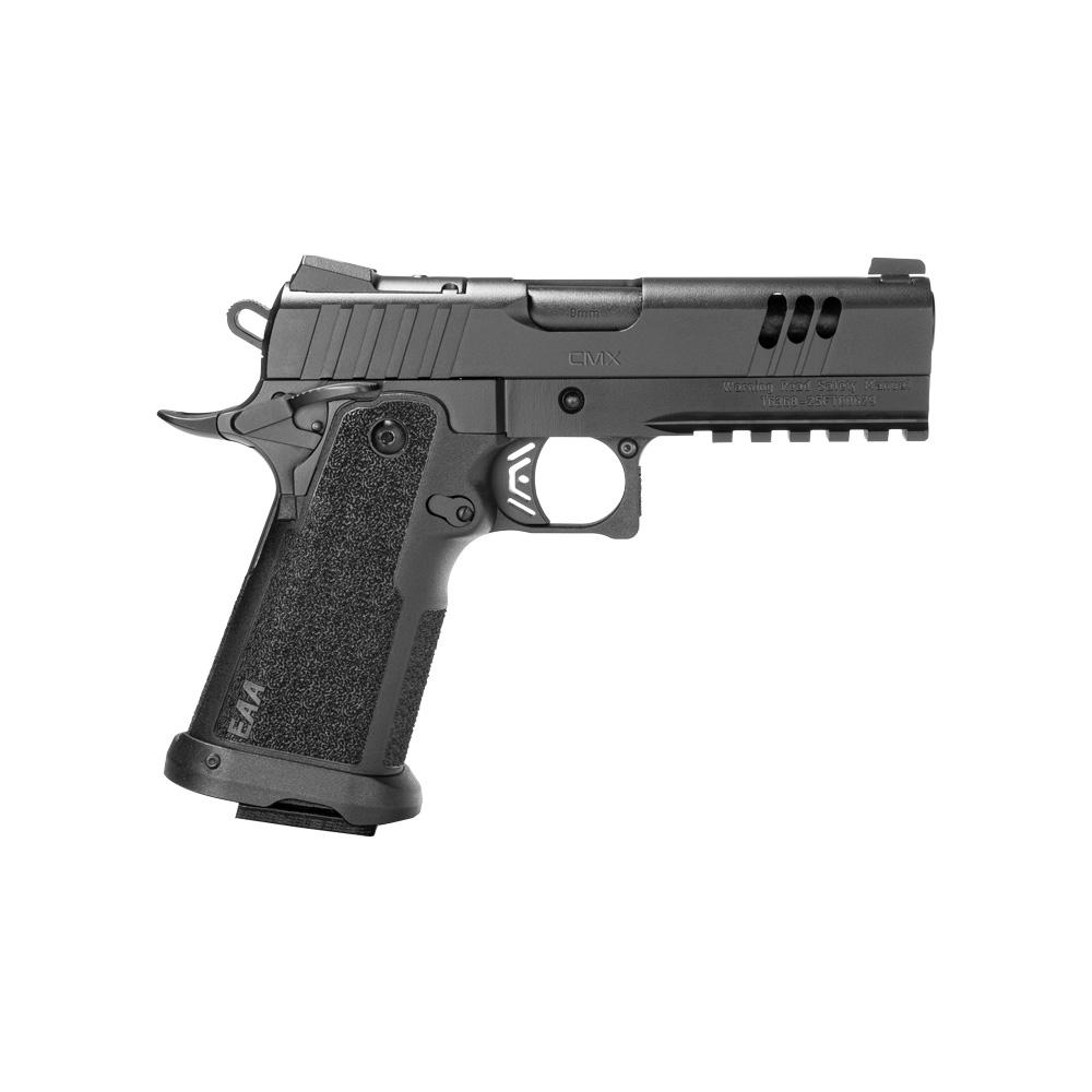 Black semi-automatic pistol with textured grip.
