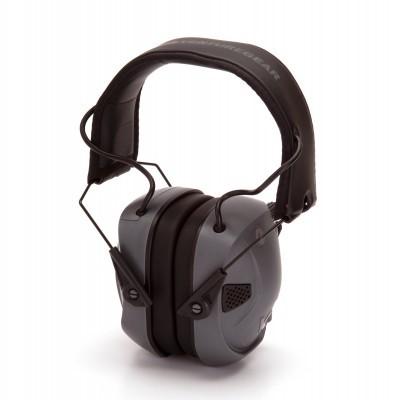 Gray noise-canceling ear protection headphones.