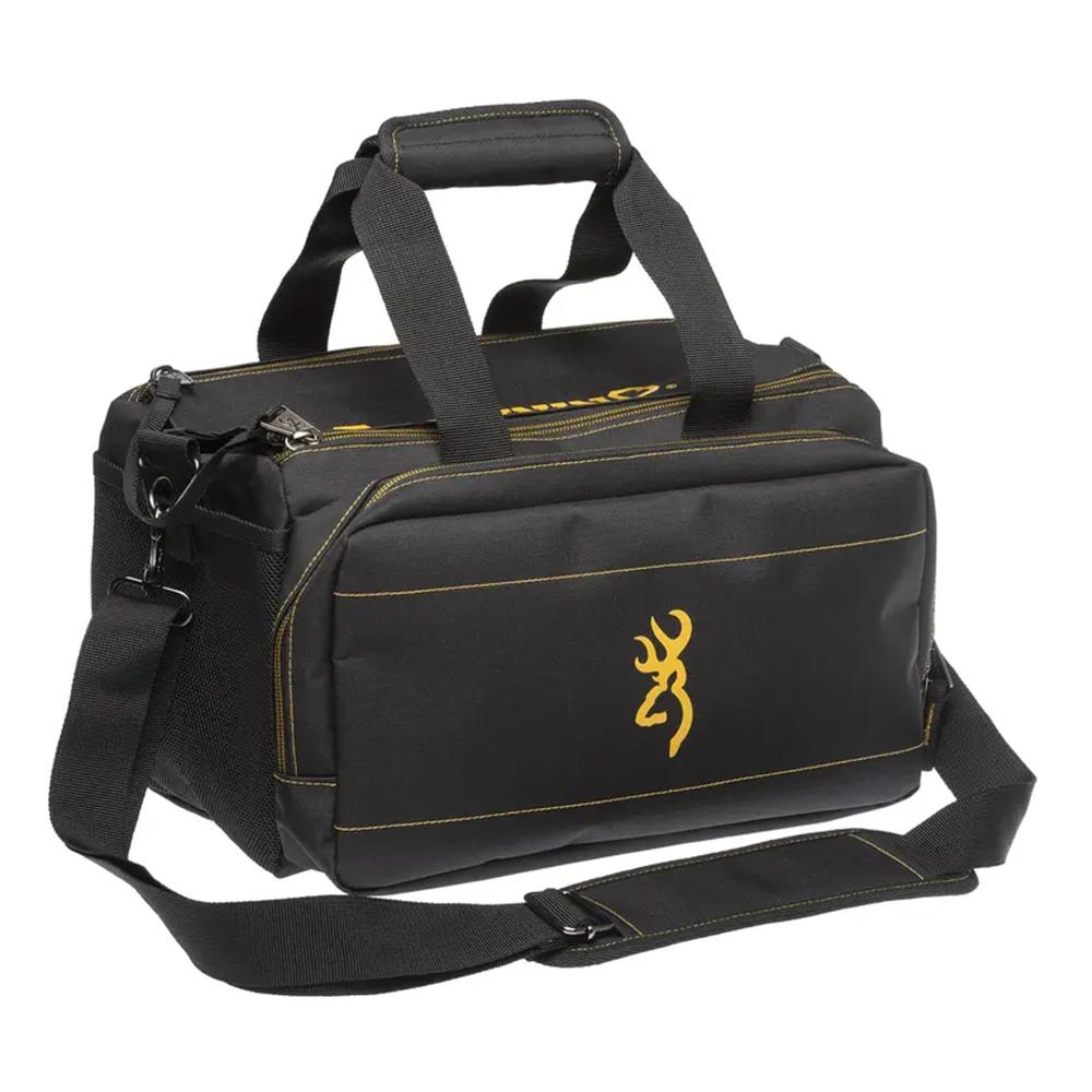 Durable black bag with yellow logo and straps