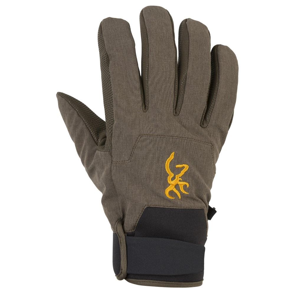 Brown outdoor gloves with grip and logo.