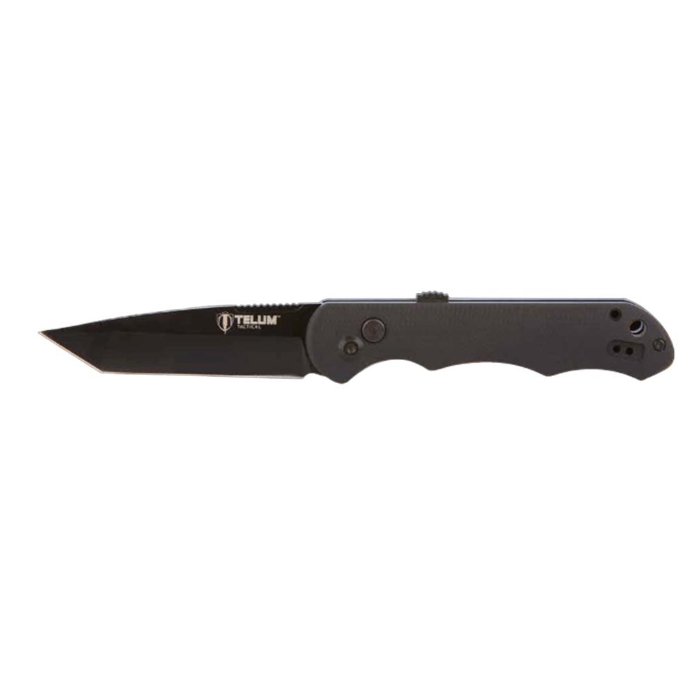 Black tactical folding knife with ergonomic handle.