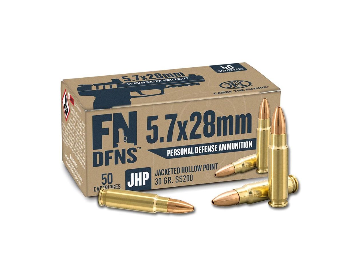 Box of 5.7x28mm personal defense ammunition.