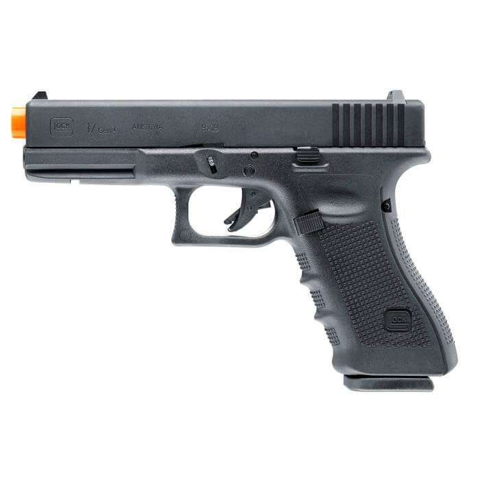 Black semi-automatic handgun with orange tip