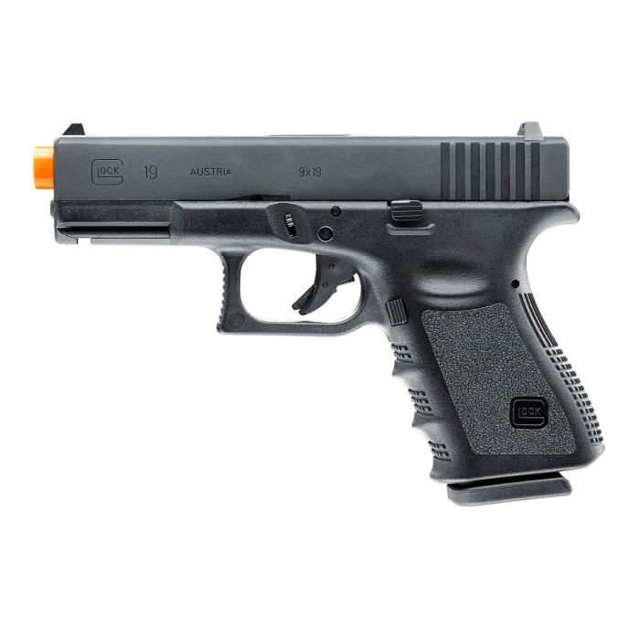 Black Glock 19 handgun with orange tip