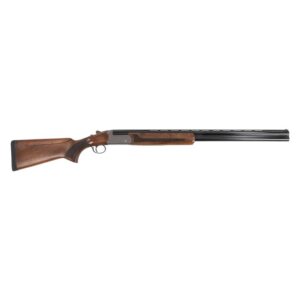 Side view of a double-barrel shotgun.