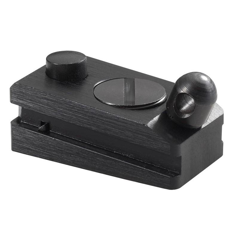 Black metal component with fasteners and rounded edge.