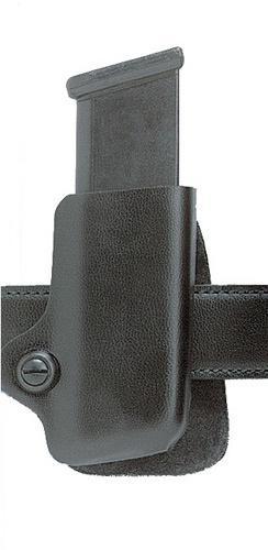 Close-up of a black holster on a belt.