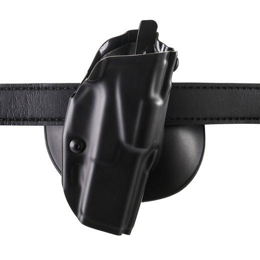 Black holster attached to a belt.