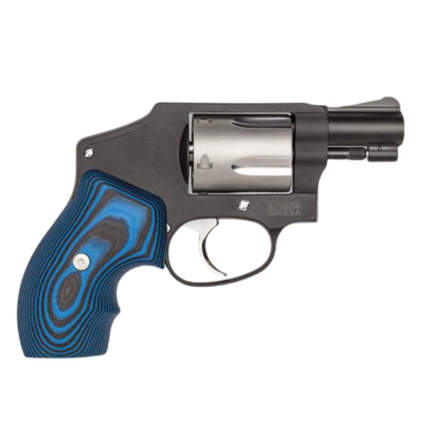 Compact revolver with blue grip design.