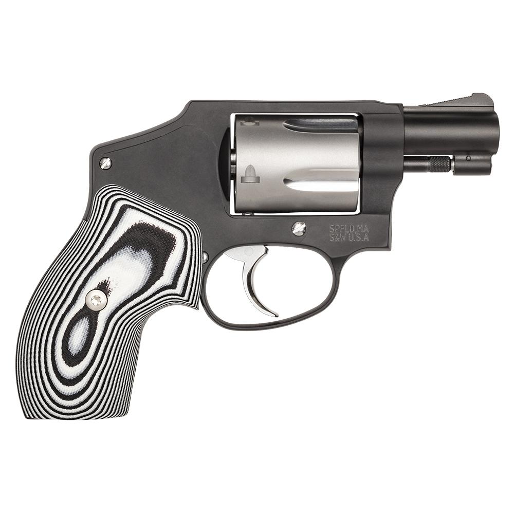 Compact revolver with unique black and white grip.