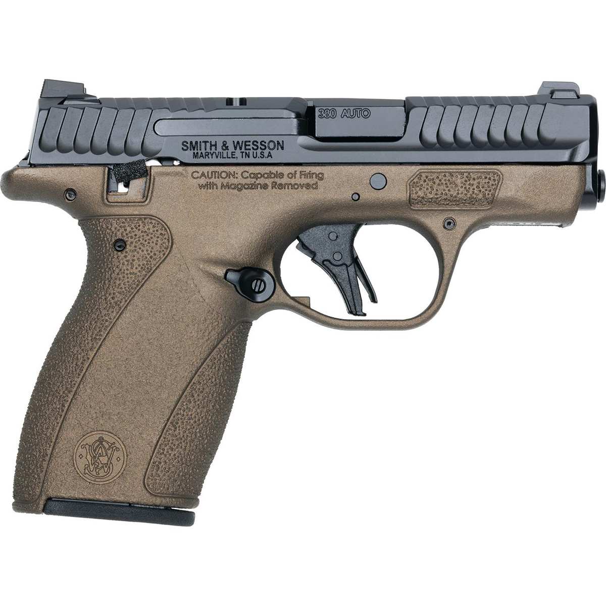 Smith & Wesson compact handgun in bronze finish.