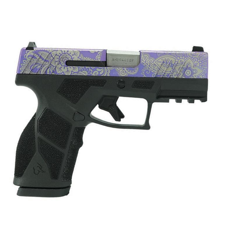 Stylized black and purple handgun with floral design.