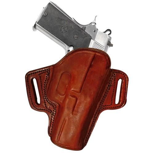 Handgun in a brown leather holster