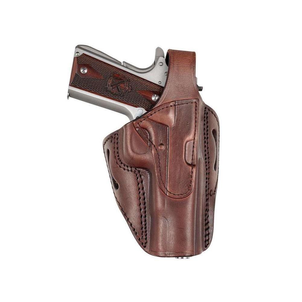 Leather holster with a handgun inside.