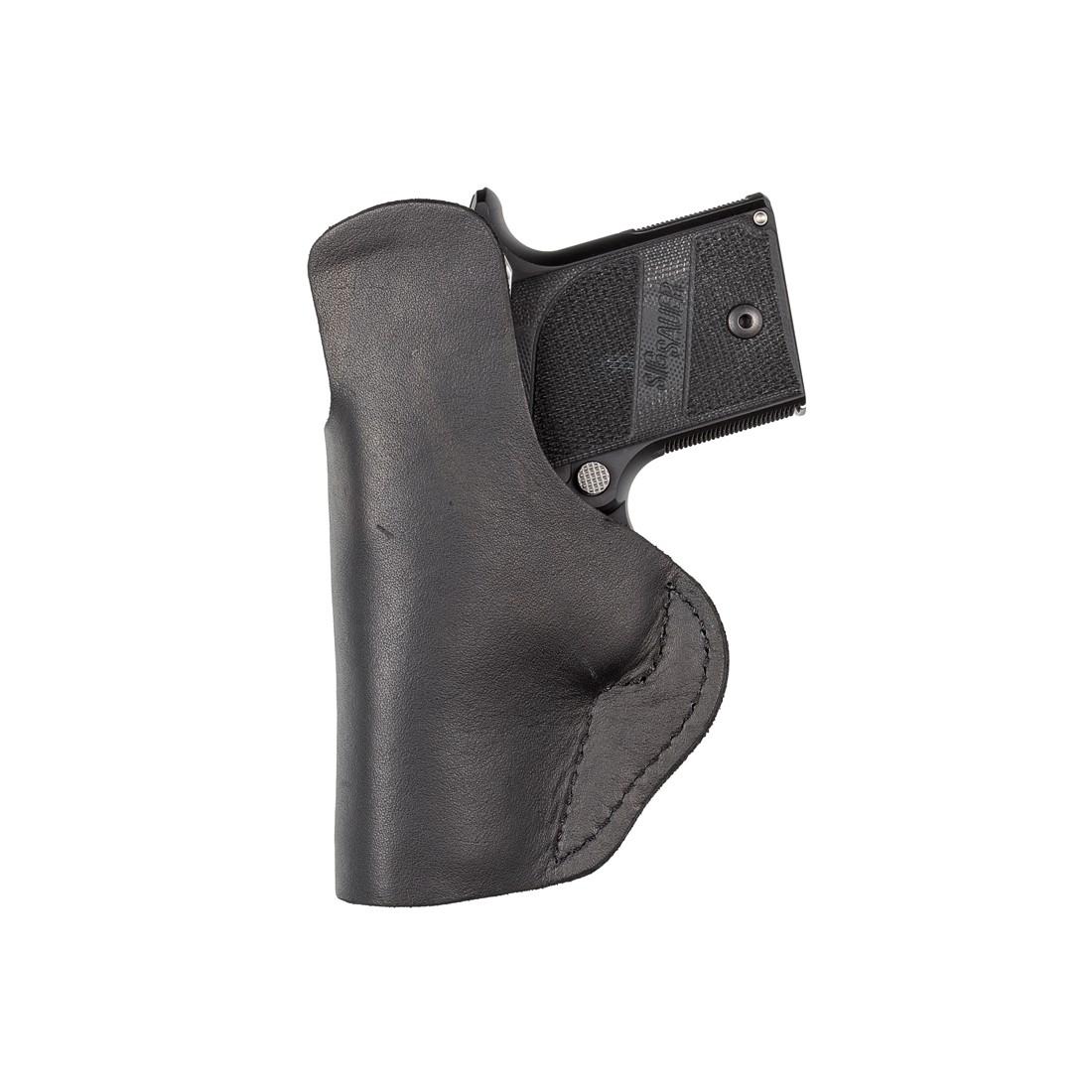 Black leather holster with handgun partially visible.